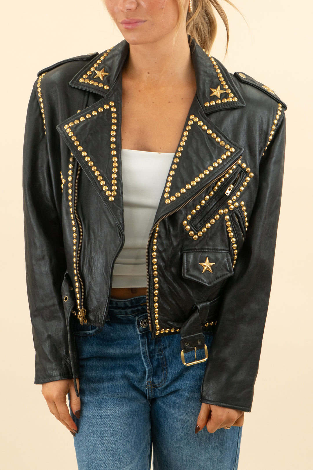 cache vintage black studded leather jacket (m; retail $325)