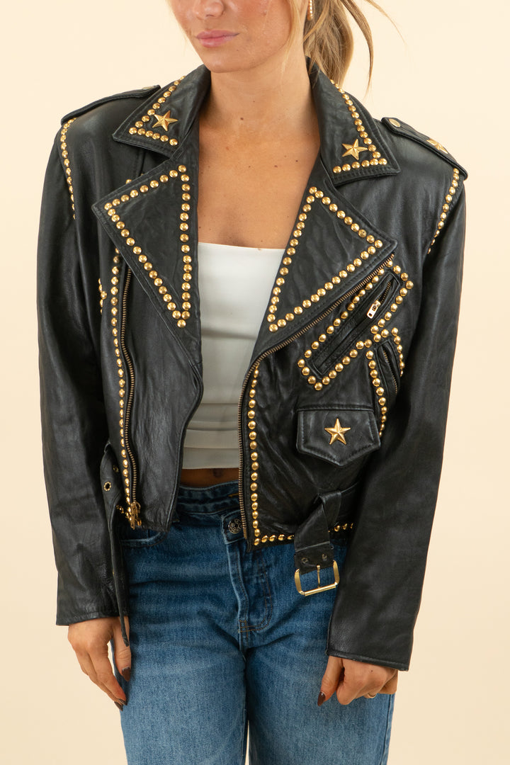 cache vintage black studded leather jacket (m; retail $325)