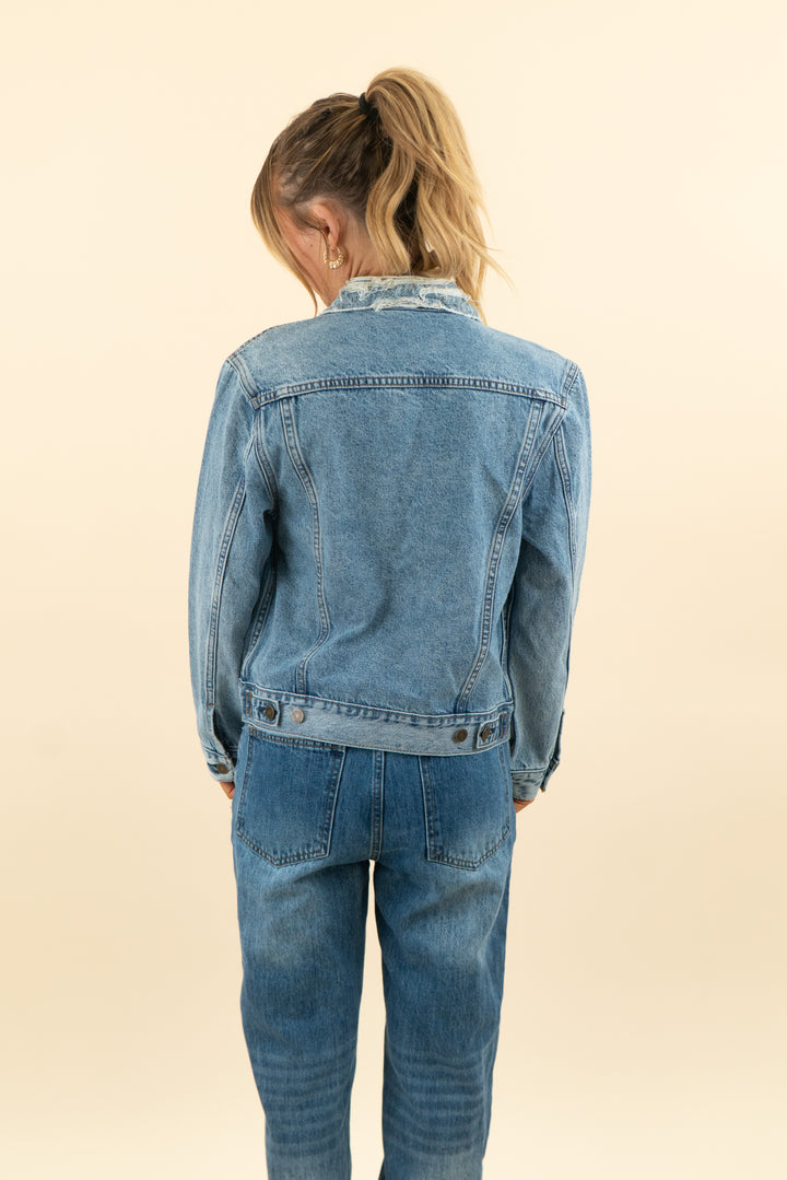 reformation distressed denim jacket nwt (s; retail $248)