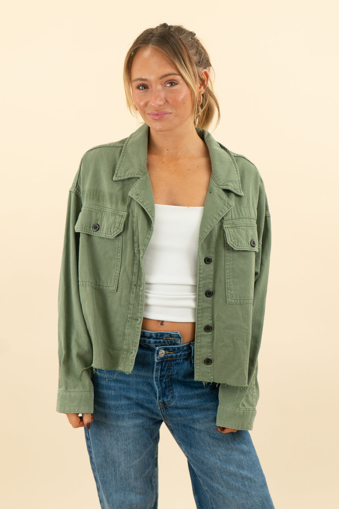 allsaints olive green cropped raw hem jacket (xs/s; retail $225)