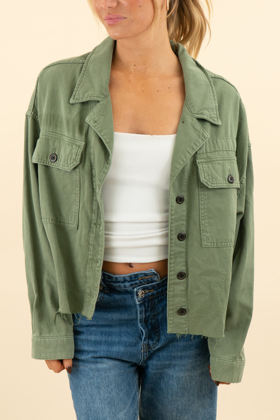 allsaints olive green cropped raw hem jacket (xs/s; retail $225)