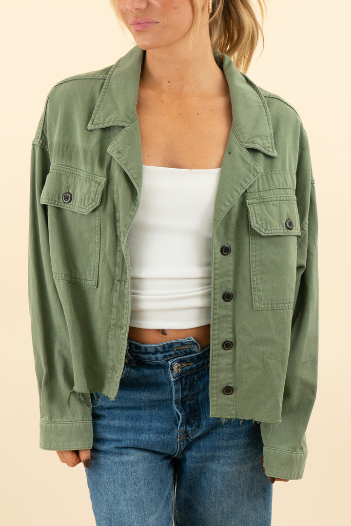allsaints olive green cropped raw hem jacket (xs/s; retail $225)