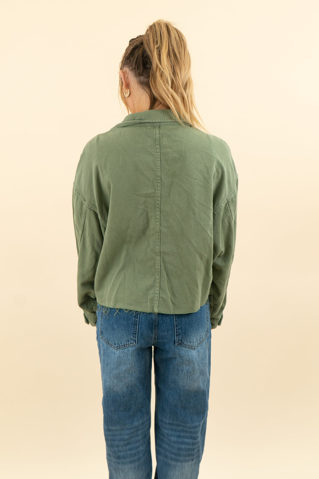allsaints olive green cropped raw hem jacket (xs/s; retail $225)