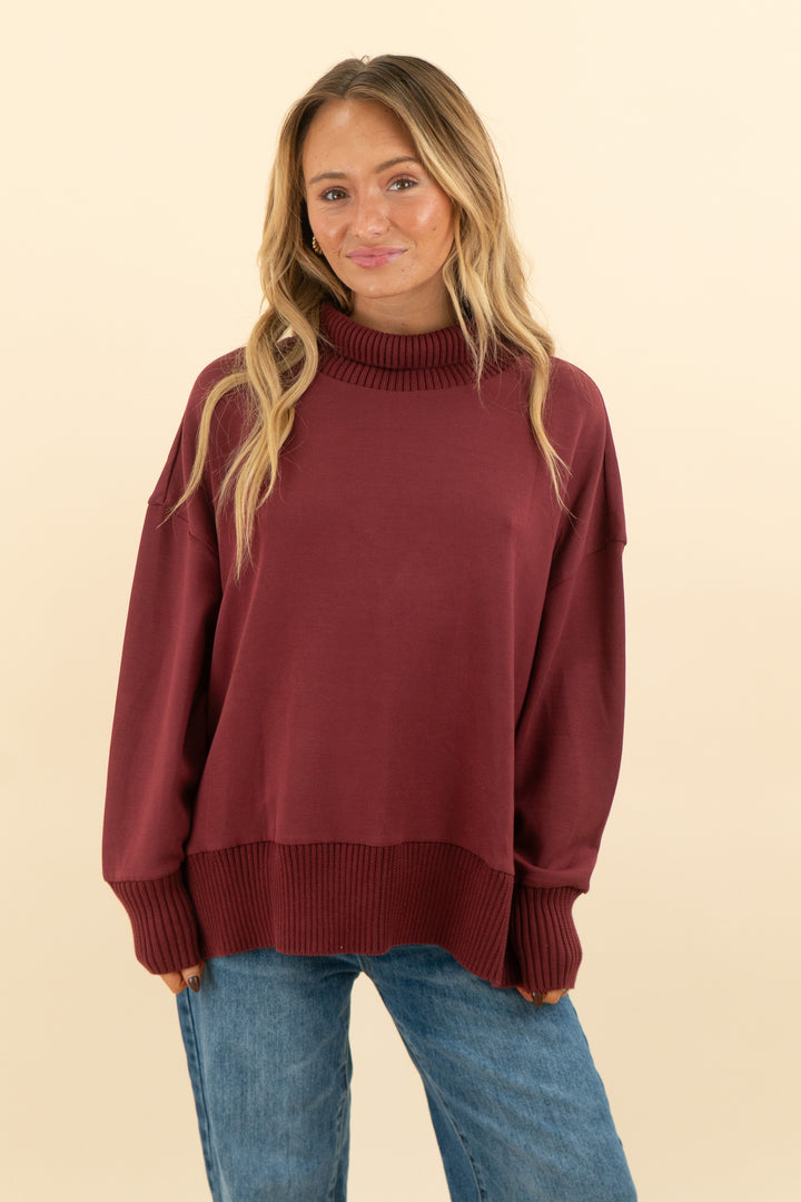 varley burgundy turtleneck pullover with zipper sides (s; retail $128)