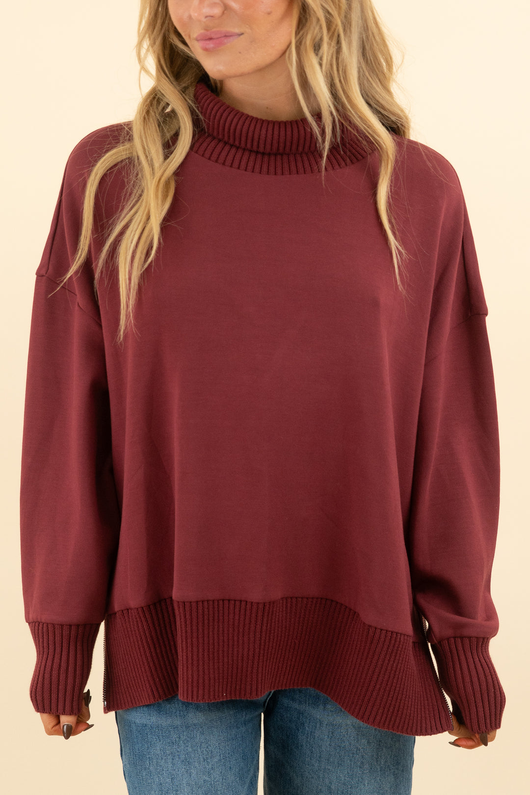 varley burgundy turtleneck pullover with zipper sides (s; retail $128)