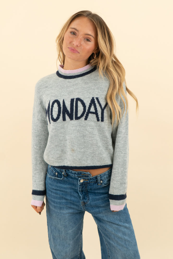 code x mode gray "monday" sweater (s; retail $45)