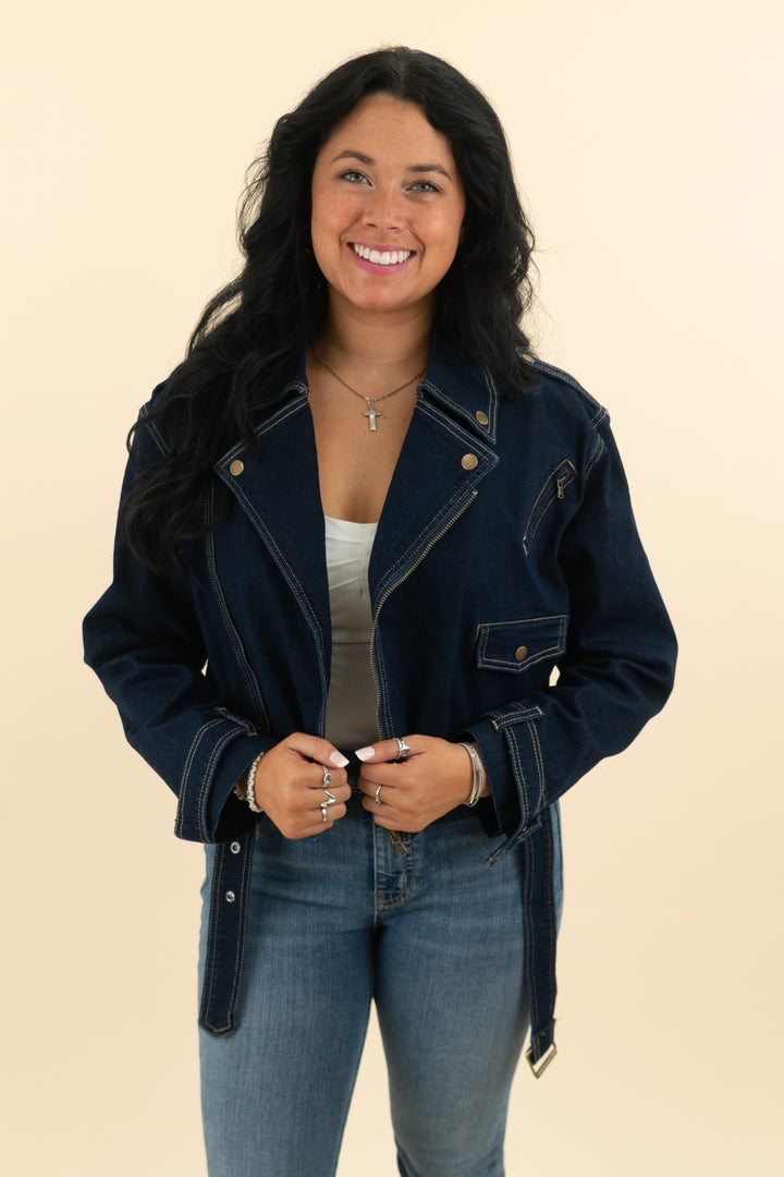 vici dark denim moto jacket (m; retail $108)