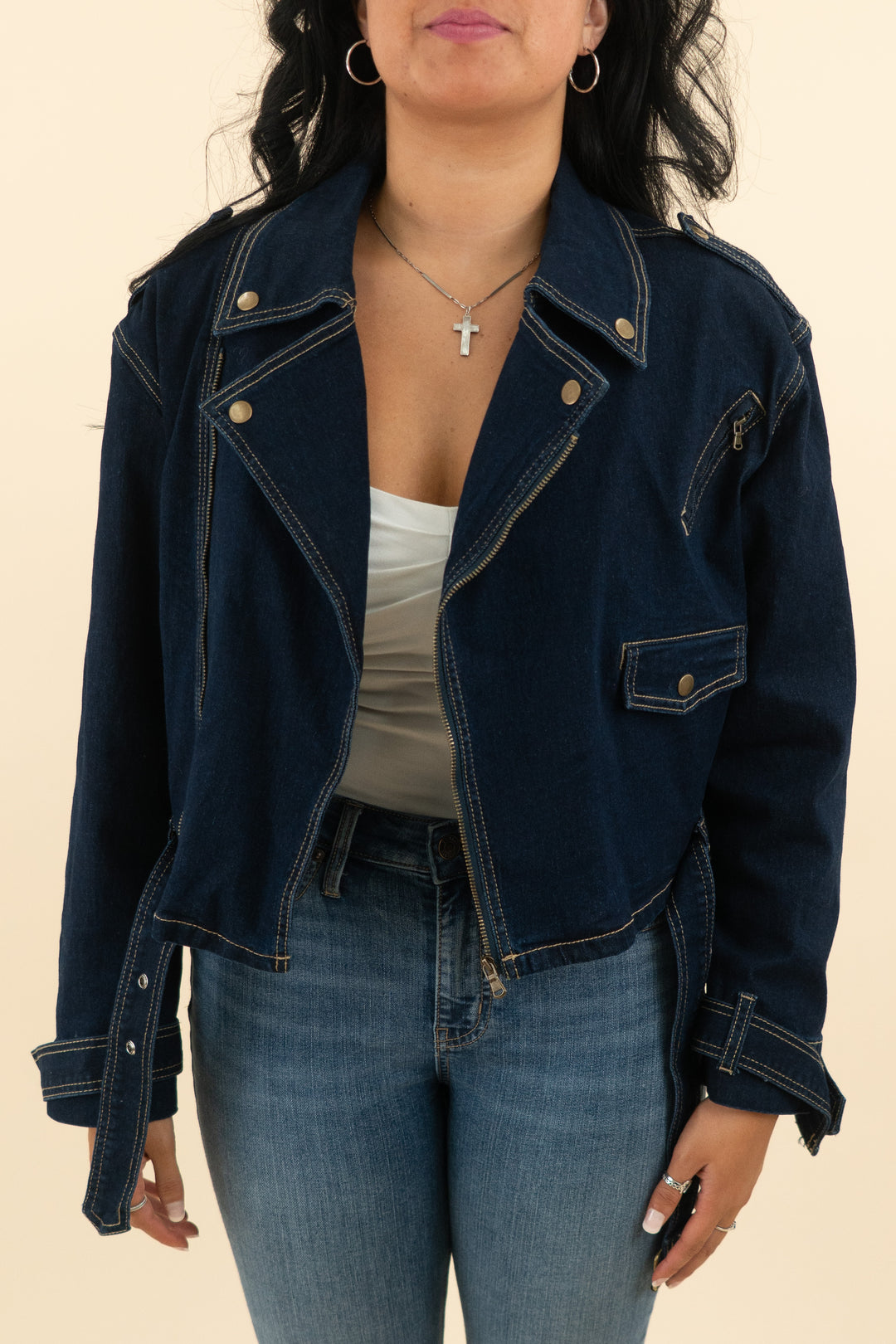 vici dark denim moto jacket (m; retail $108)
