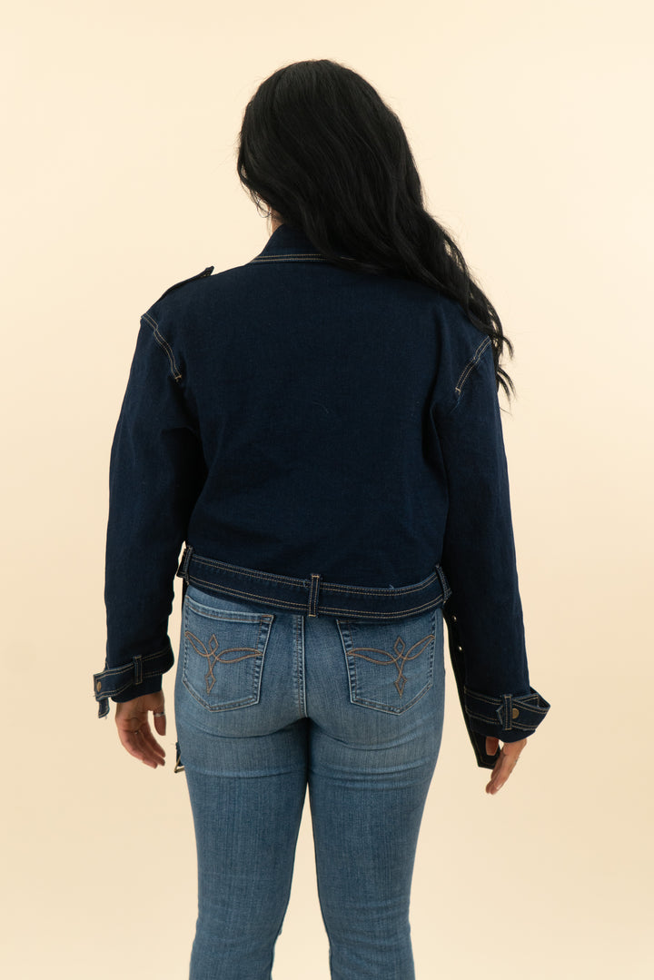 vici dark denim moto jacket (m; retail $108)