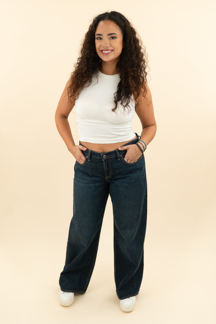 abercrombie and fitch dark wash low rise ultra loose jeans (30; retail $90)