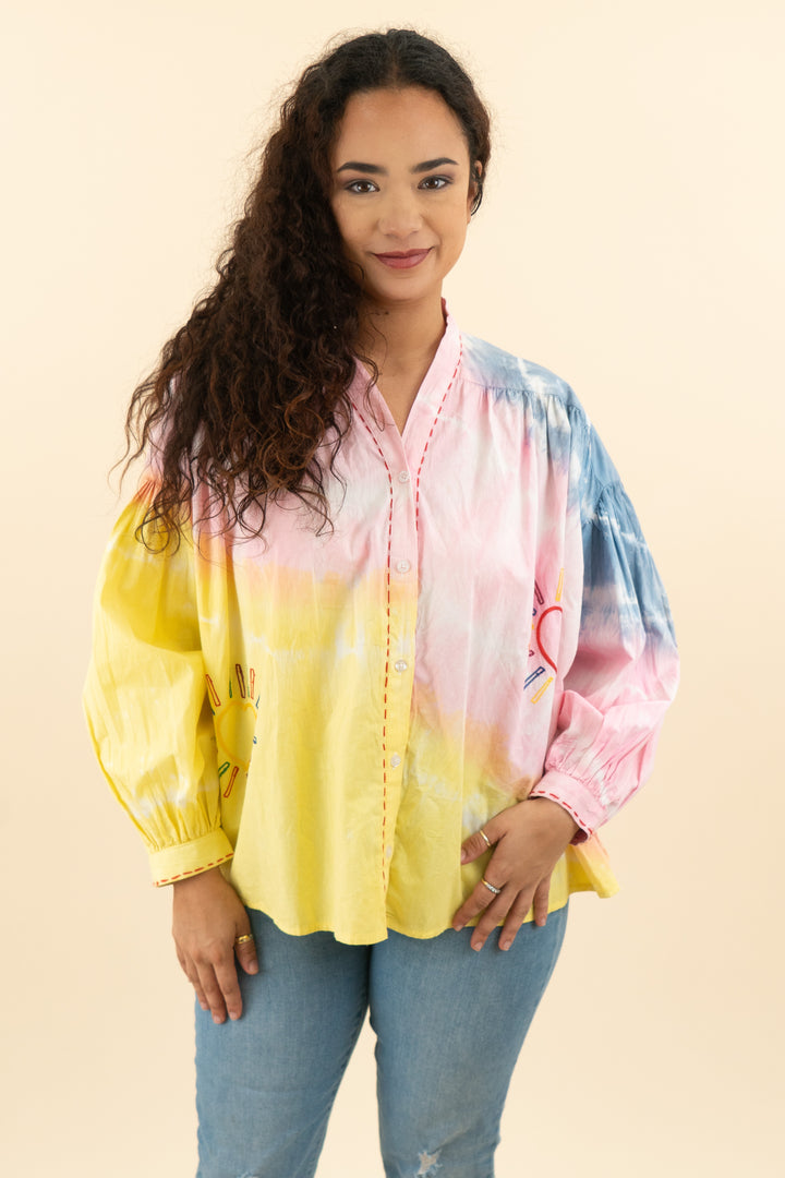 the corner paris multicolor tie dye sun embroidered button down top (m; retail $110)