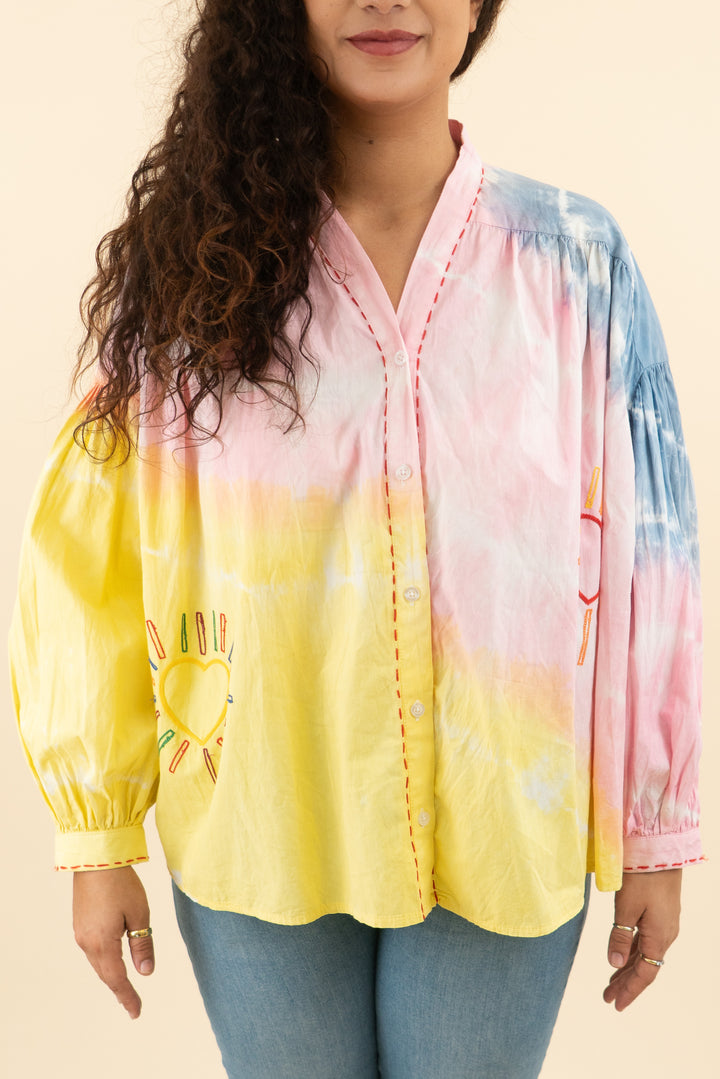 the corner paris multicolor tie dye sun embroidered button down top (m; retail $110)
