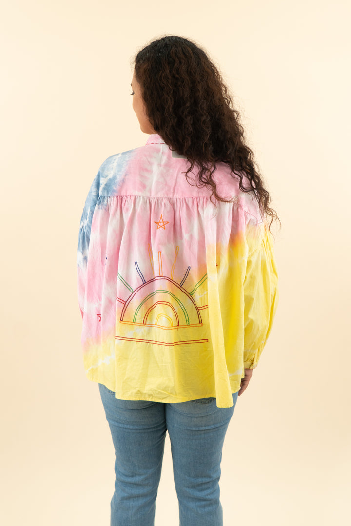 the corner paris multicolor tie dye sun embroidered button down top (m; retail $110)