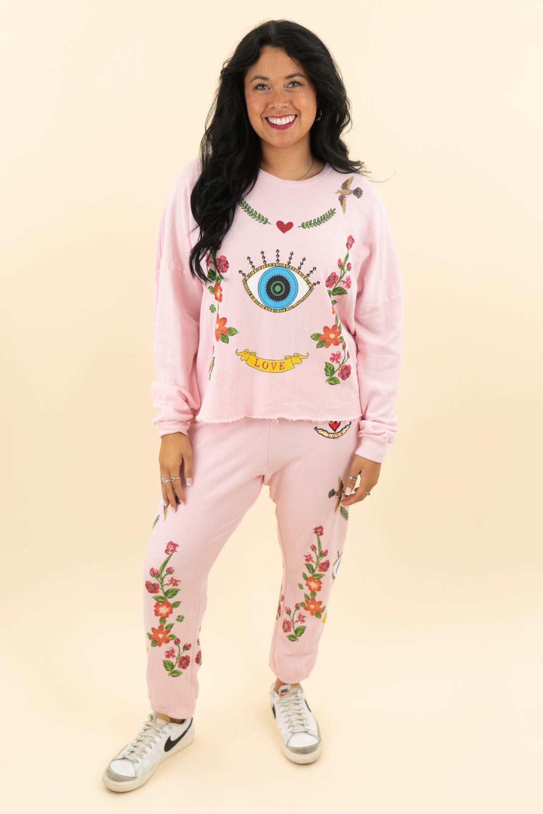 lauren moshi pink evil eye and floral jogger and pullover set (l; retail $313)