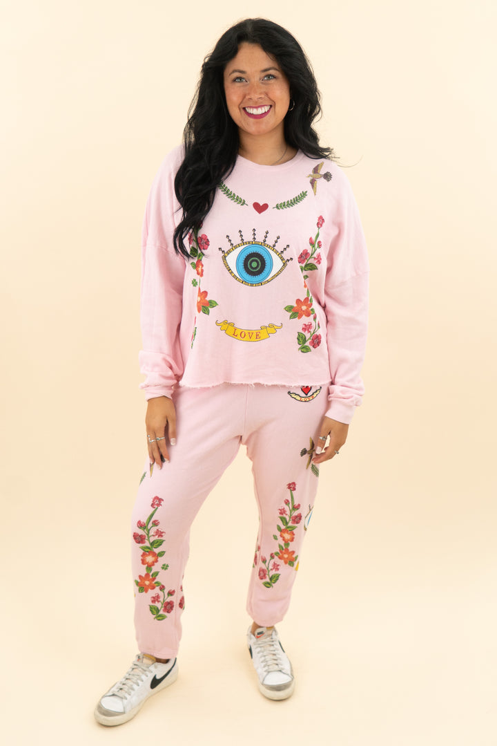 lauren moshi pink evil eye and floral jogger and pullover set (l; retail $313)