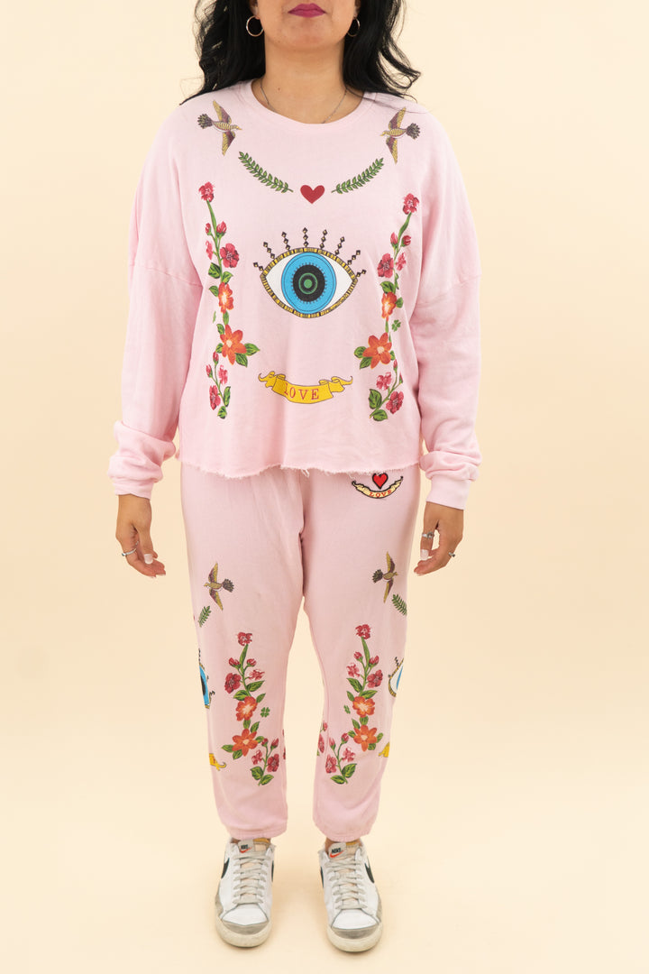 lauren moshi pink evil eye and floral jogger and pullover set (l; retail $313)