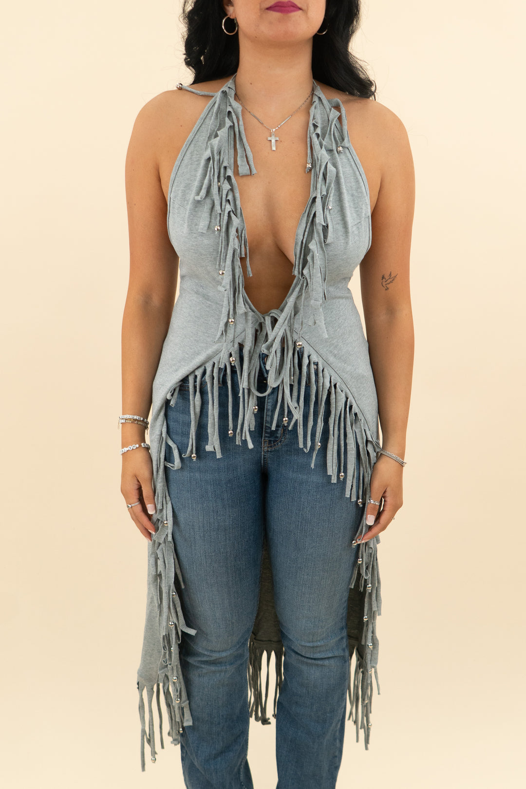 akira heather grey fringe girl blouse nwt (s/m; retail $72.90)