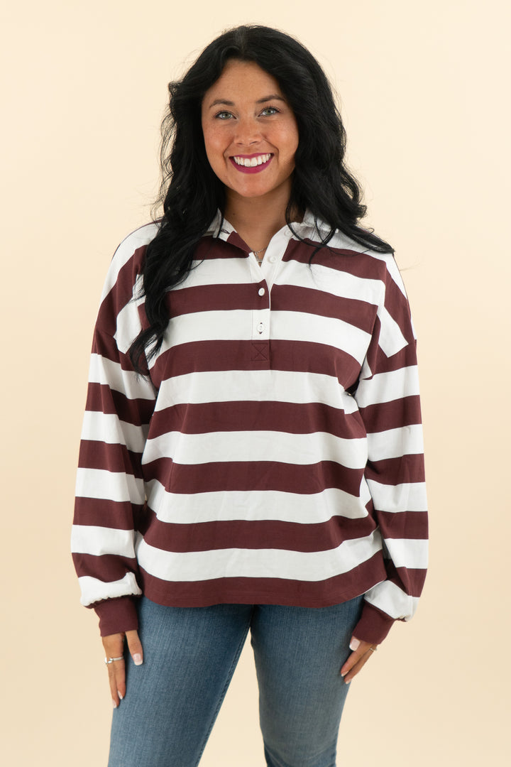 lovesick maroon and white rugby shirt nwt (m/l; retail $39)
