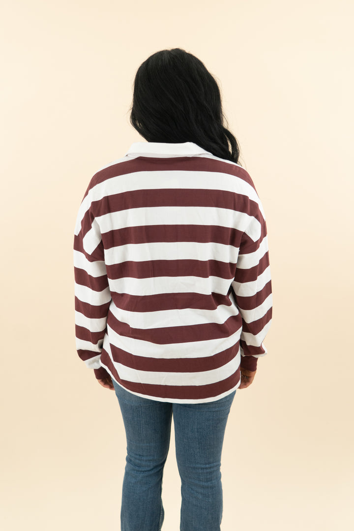 lovesick maroon and white rugby shirt nwt (m/l; retail $39)