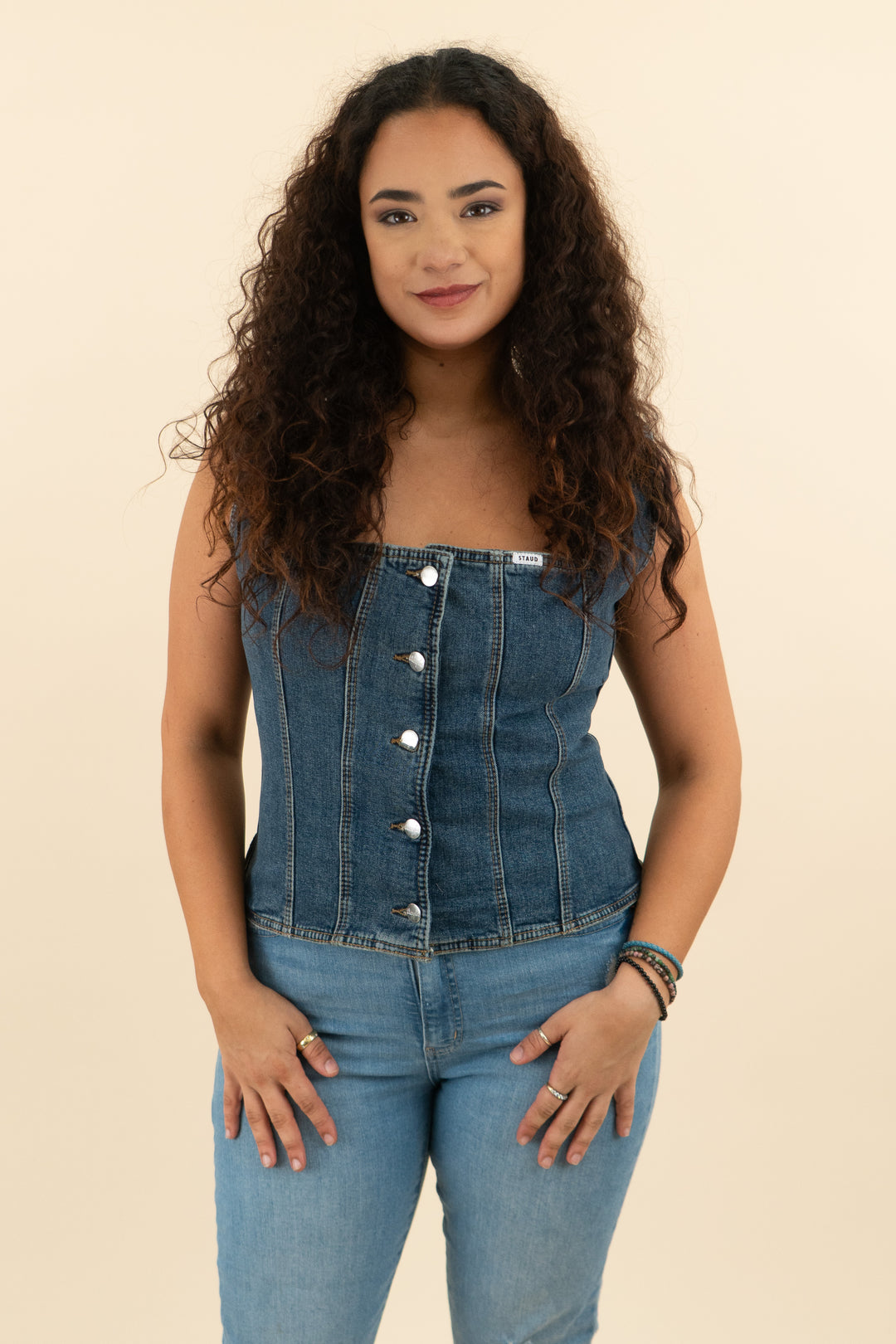 wrangler x staud medium wash denim square neck top nwt (l; retail $165)