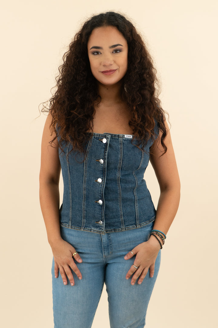 wrangler x staud medium wash denim square neck top nwt (l; retail $165)