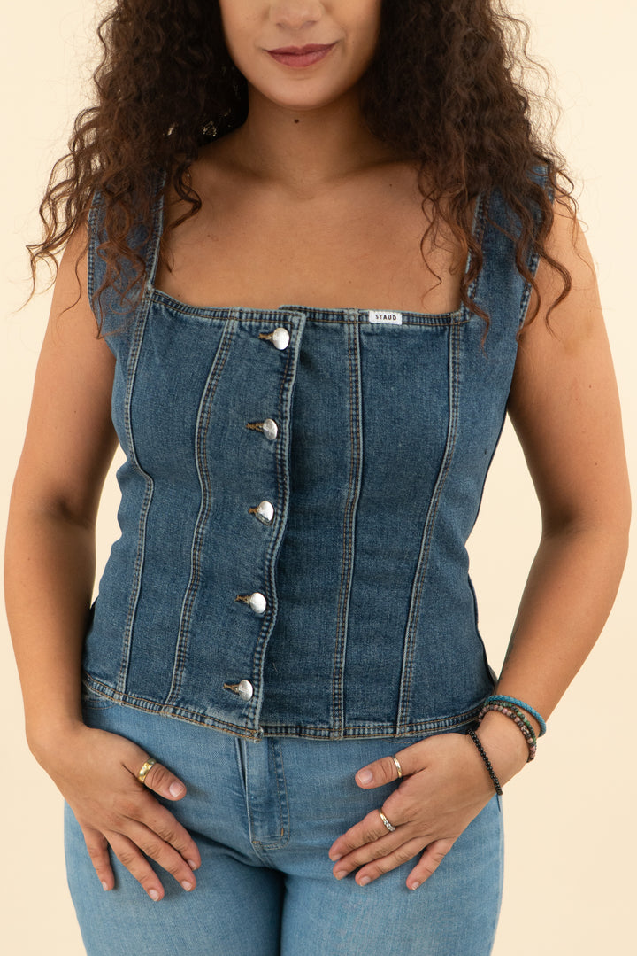 wrangler x staud medium wash denim square neck top nwt (l; retail $165)