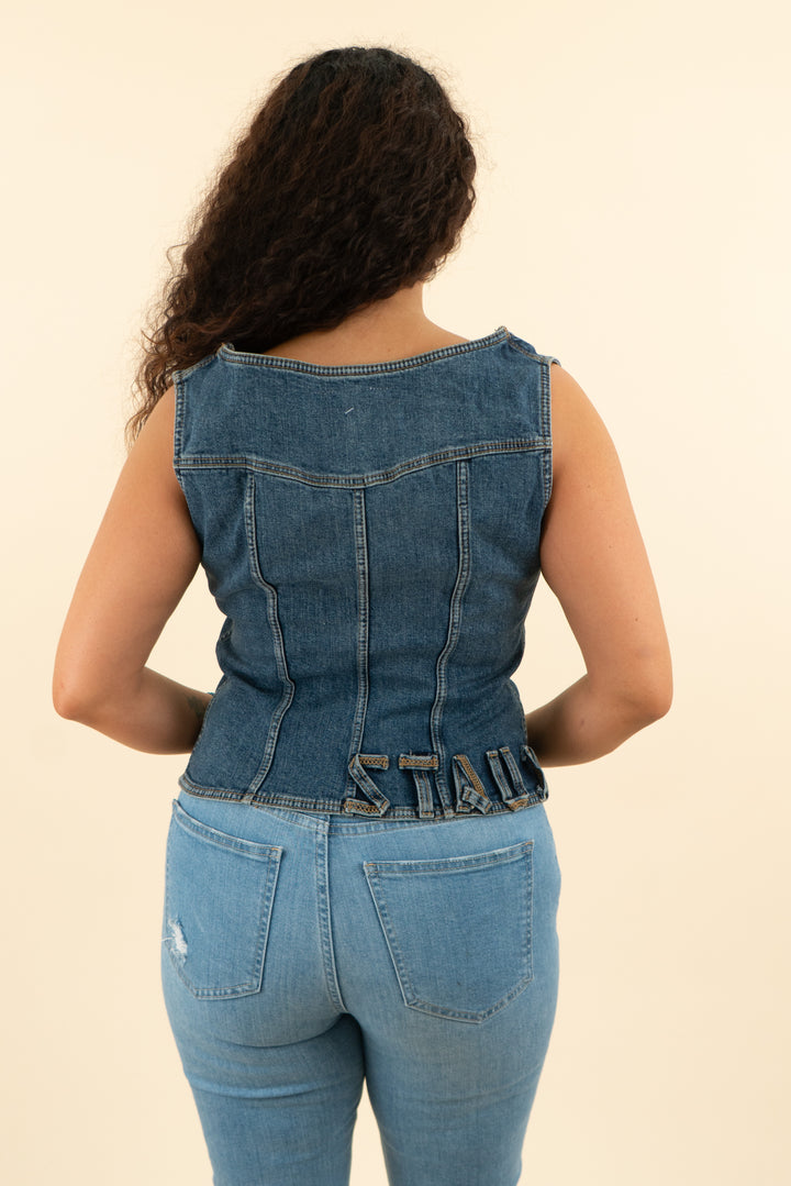 wrangler x staud medium wash denim square neck top nwt (l; retail $165)
