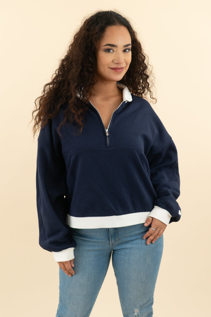 fabletics navy and white quarter zip pullover (m; retail $85)