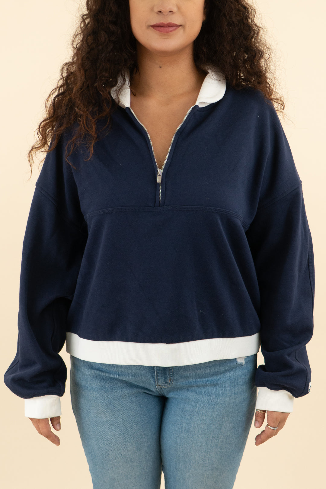 fabletics navy and white quarter zip pullover (m; retail $85)