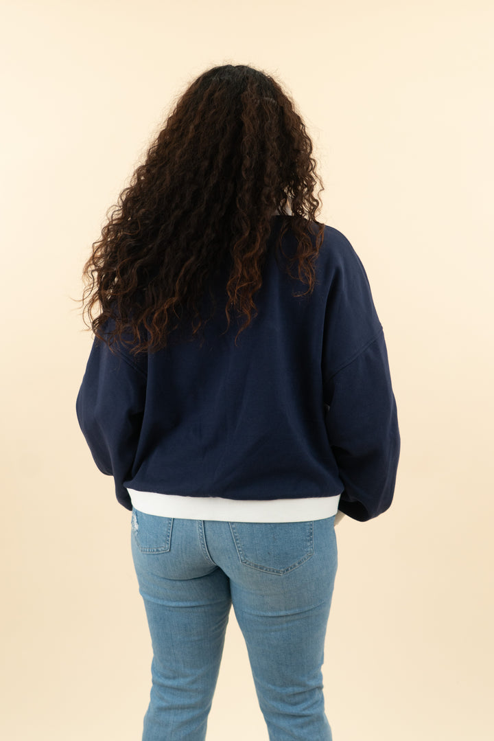 fabletics navy and white quarter zip pullover (m; retail $85)