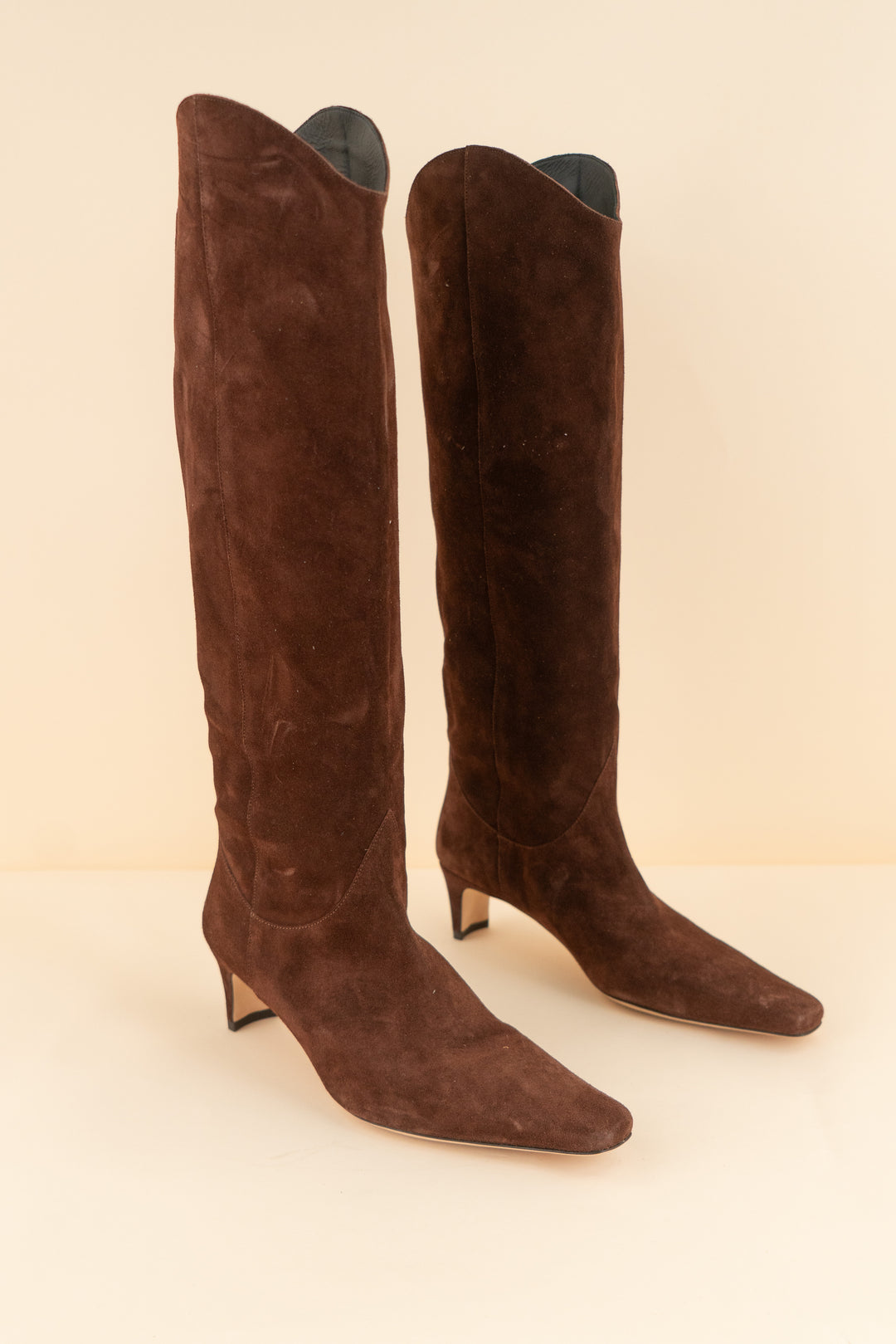 staud chocolate suede tall pull-on kitten heel boot (40; retail $495)