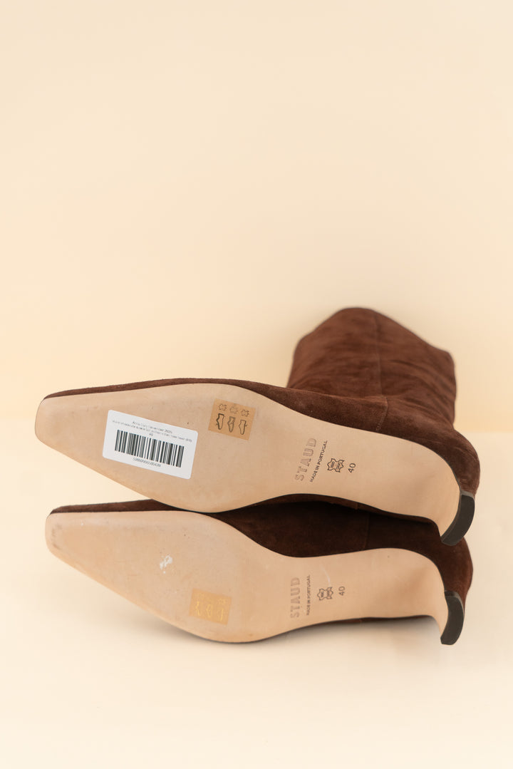 staud chocolate suede tall pull-on kitten heel boot (40; retail $495)