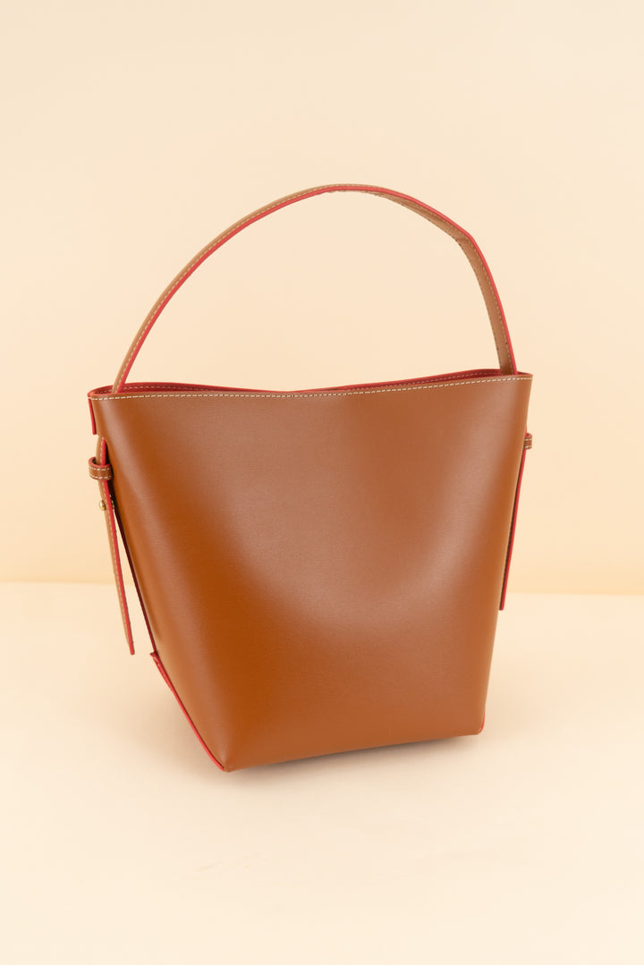jmclaughlin camel bucket bag w/ orange interior (os; retail $328)