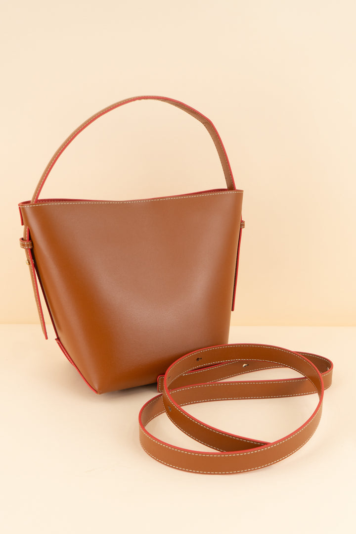 jmclaughlin camel bucket bag w/ orange interior (os; retail $328)