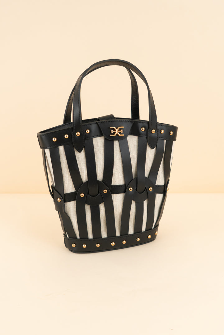 sam edelman black & tan studded bucket bag (os; retail $189)