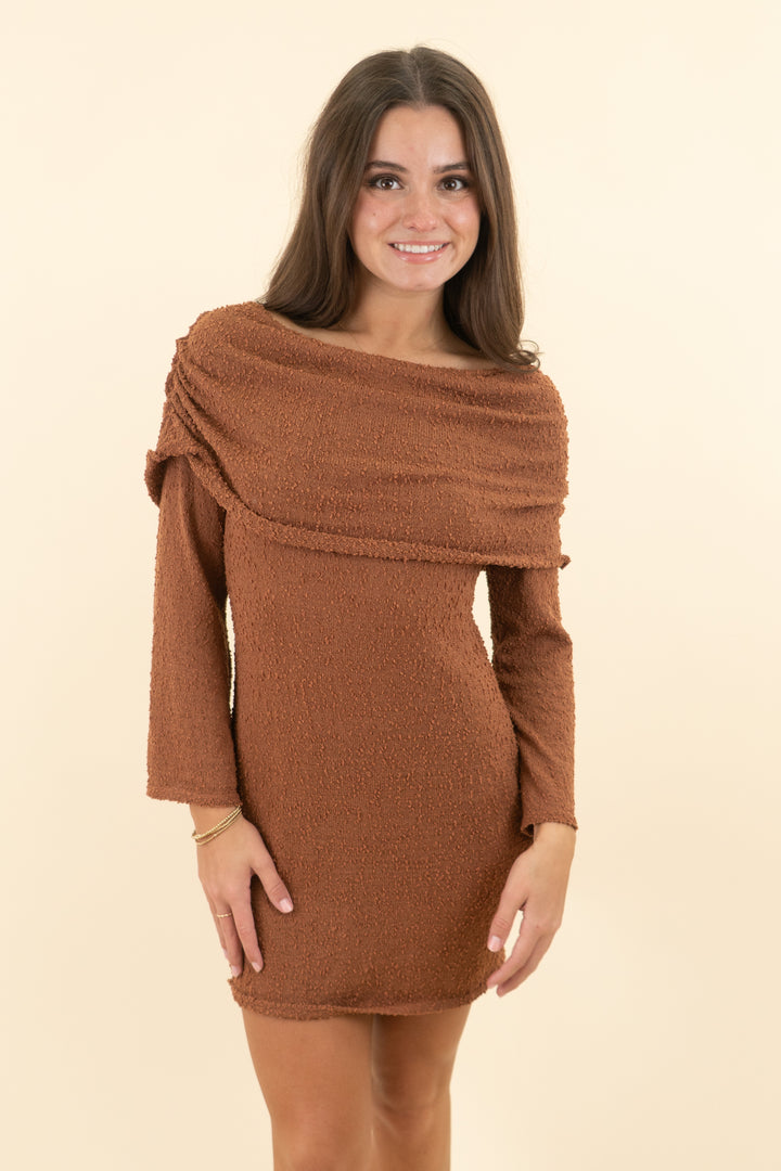 cognac knit textured off the shoulder long sleeve mini dress (s; retail $45)