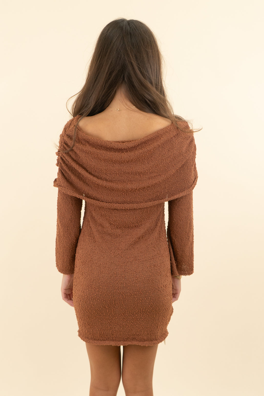 cognac knit textured off the shoulder long sleeve mini dress (s; retail $45)