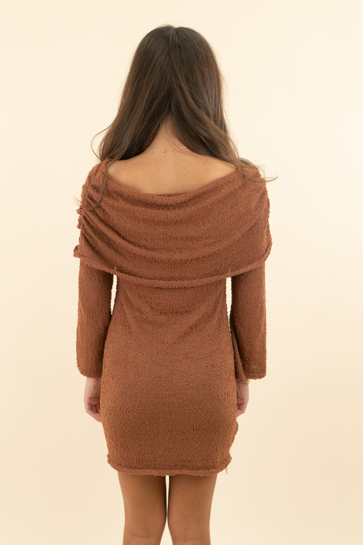 cognac knit textured off the shoulder long sleeve mini dress (s; retail $45)