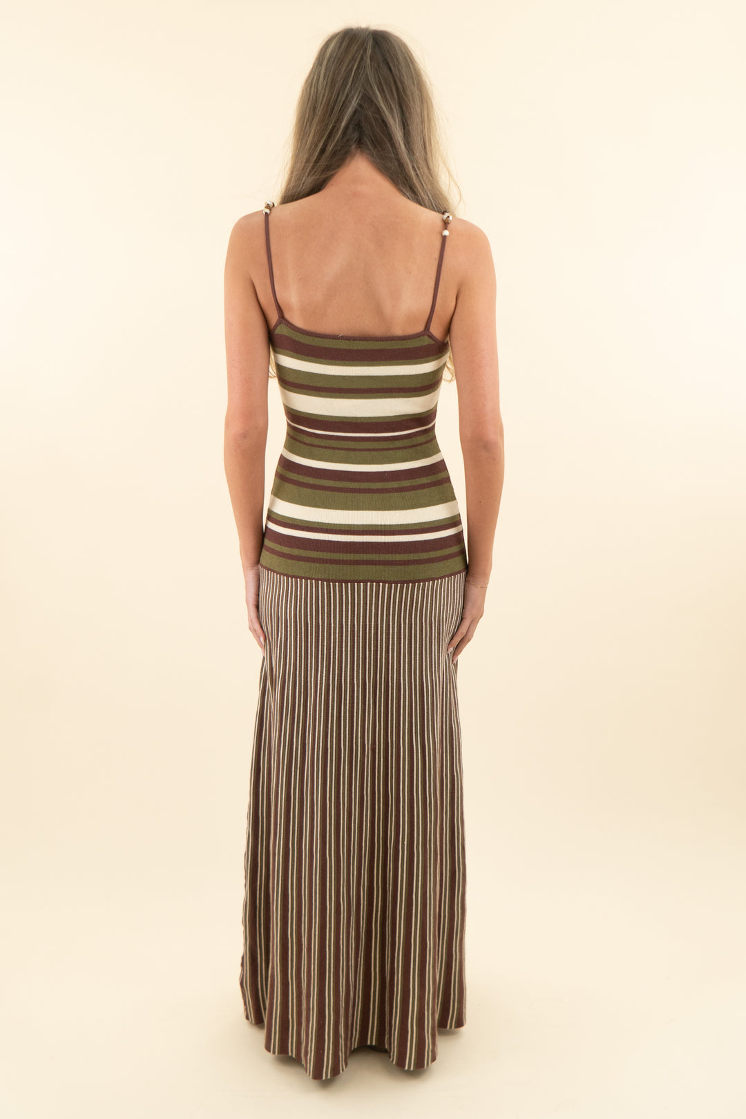 brown and green striped knit dress with beaded straps (s; retail $99)