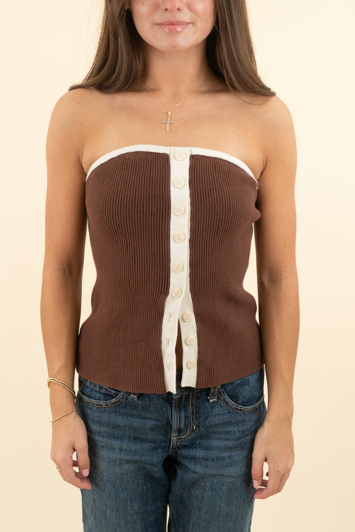 abercrombie & fitch brown and cream ribbed knit strapless button down top (s; retail $60)