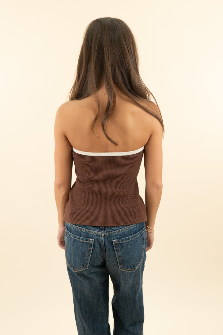 abercrombie & fitch brown and cream ribbed knit strapless button down top (s; retail $60)