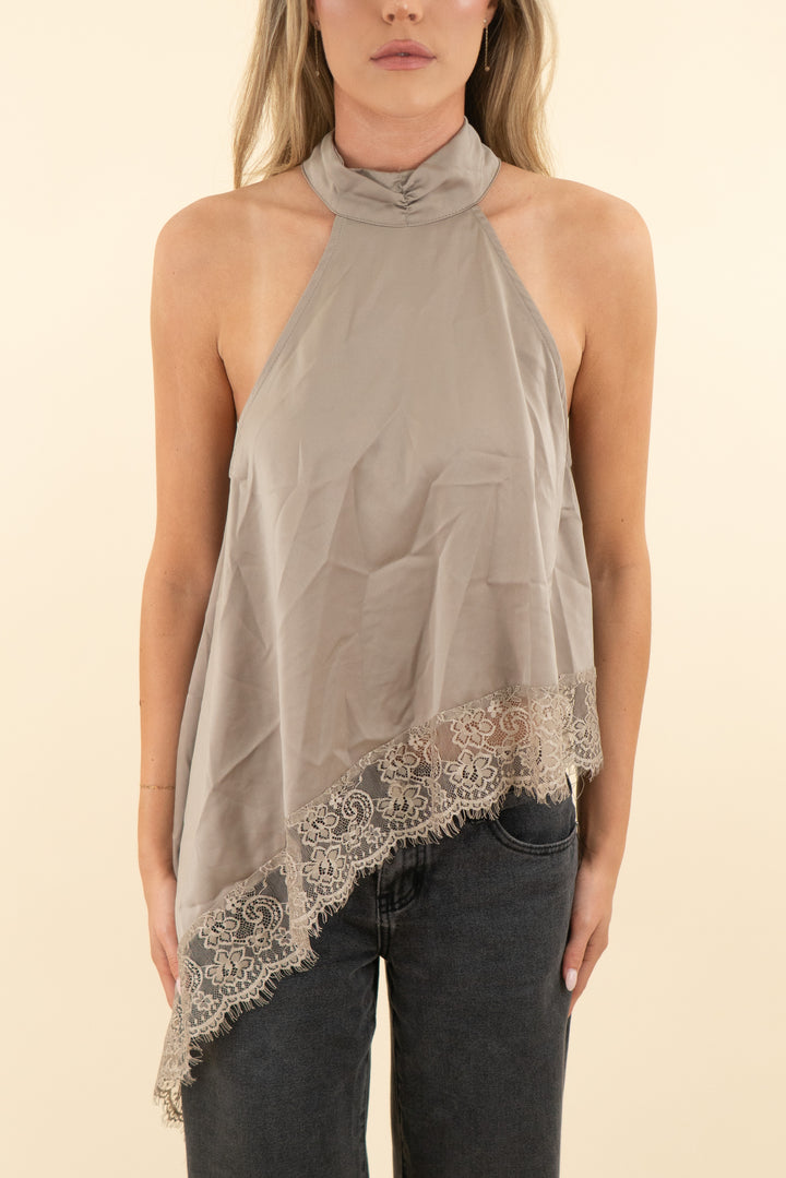 dark taupe satin halterneck top with asymmetrical lace hem (m; retail $38)