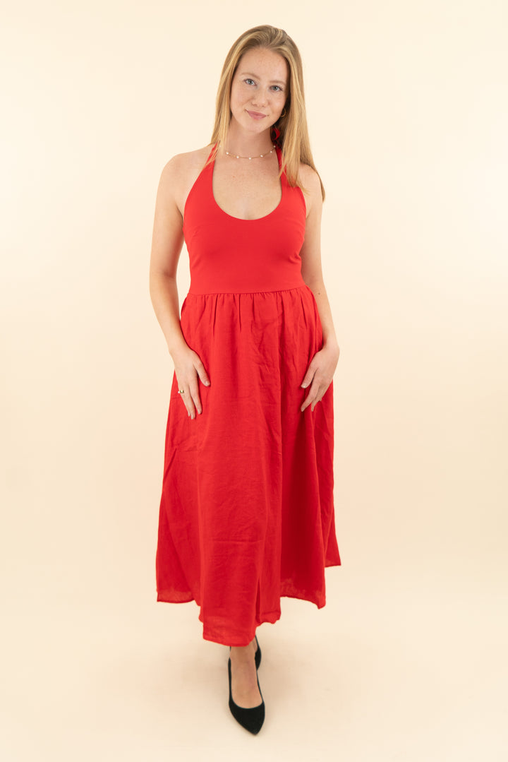 jcrew red mixed media halter dress nwt (s; retail $178)