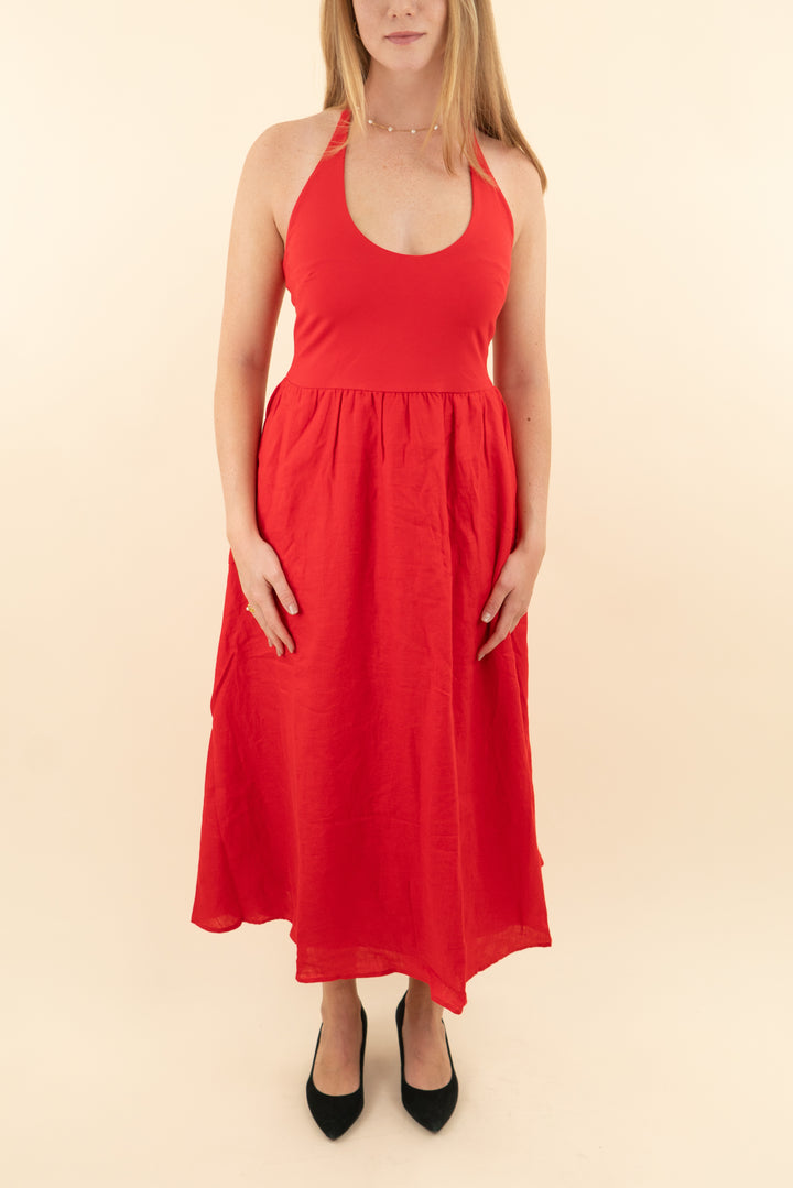 jcrew red mixed media halter dress nwt (s; retail $178)