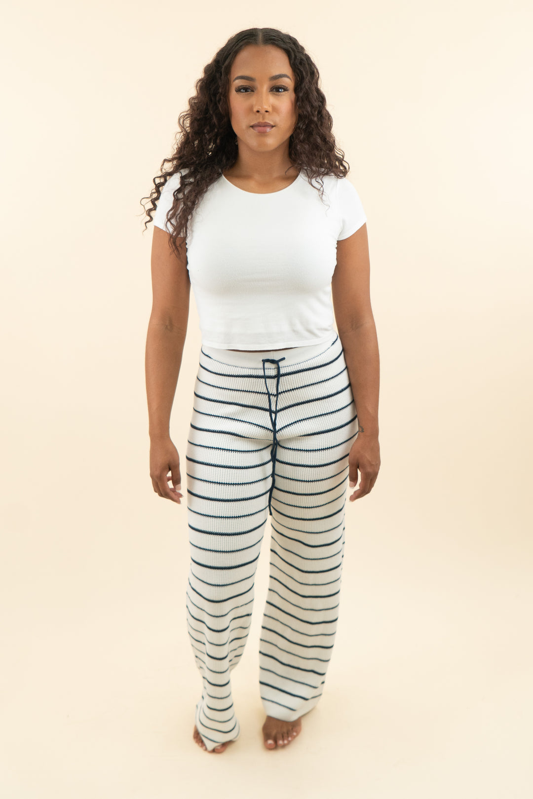 beginning boutique white and navy striped knit drawstring pants nwt (4; retail $89.99)