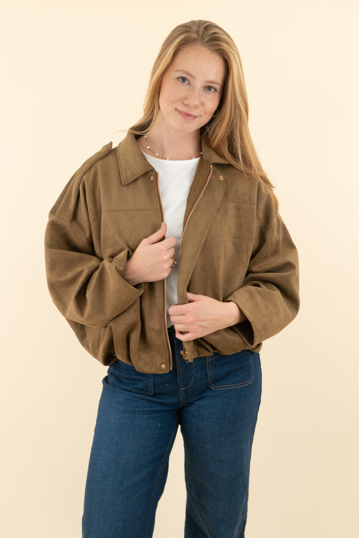 dark brown faux suede crop jacket (s; retail $55)