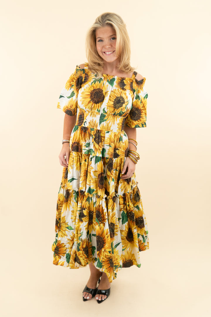 dolce & gabbana yellow strapless daisy print tiered ruffle maxi dress (44; retail $2,500)