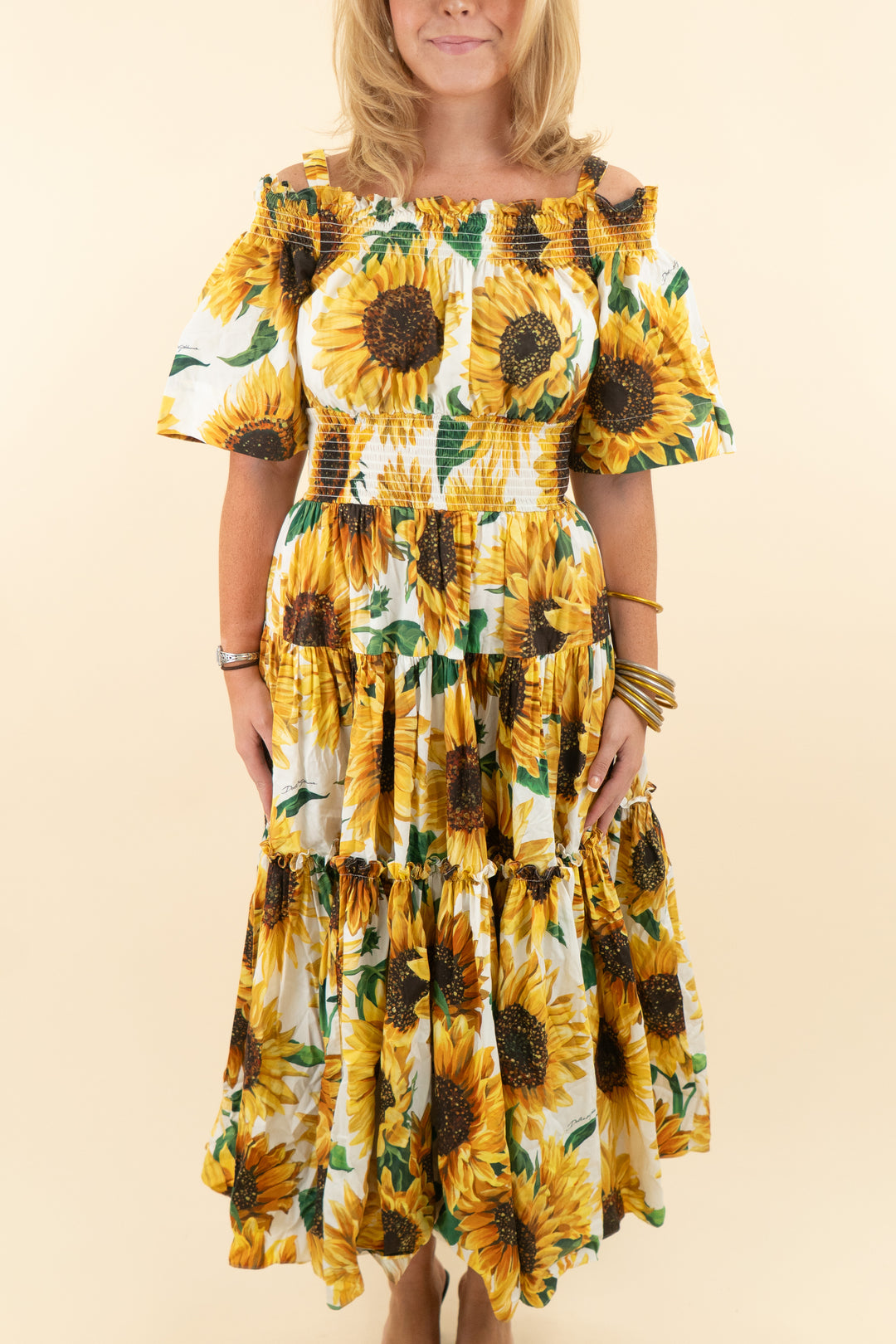 dolce & gabbana yellow strapless daisy print tiered ruffle maxi dress (44; retail $2,500)