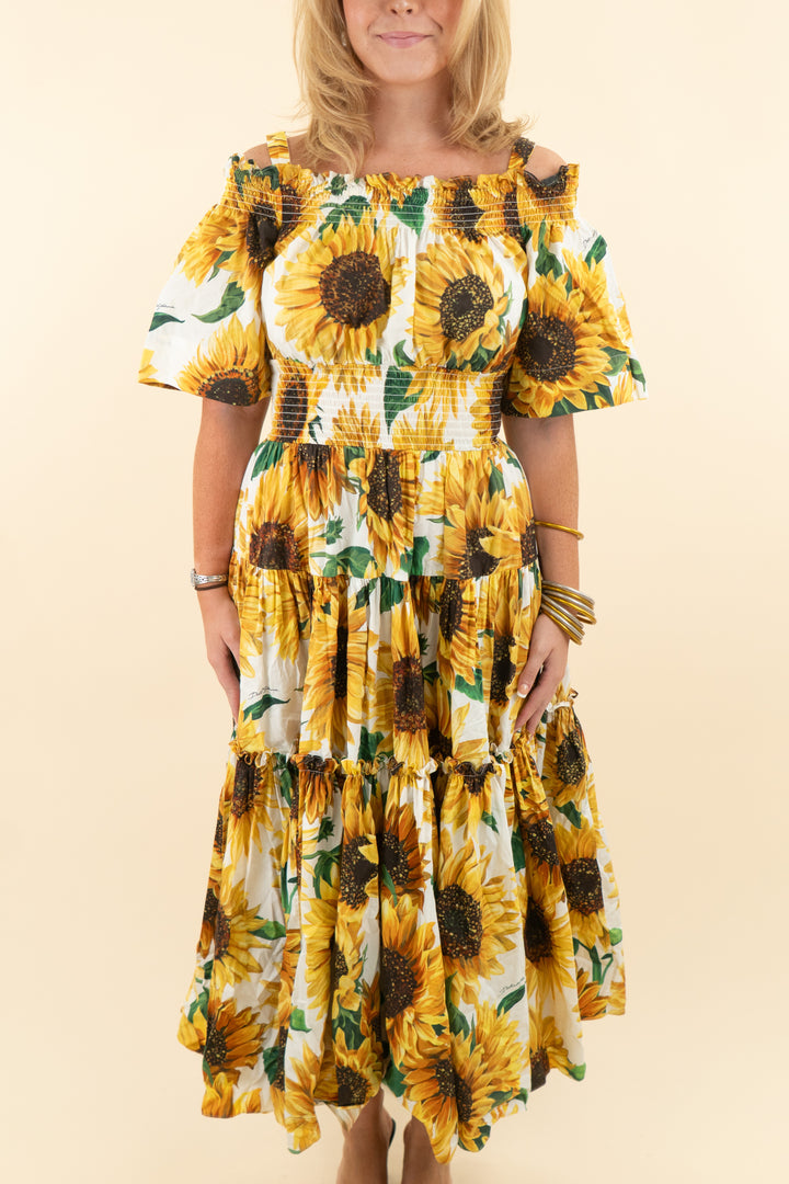dolce & gabbana yellow strapless daisy print tiered ruffle maxi dress (44; retail $2,500)