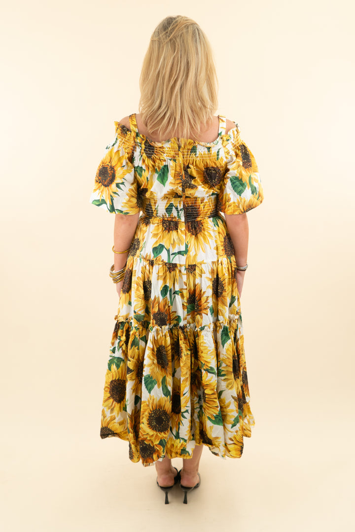 dolce & gabbana yellow strapless daisy print tiered ruffle maxi dress (44; retail $2,500)